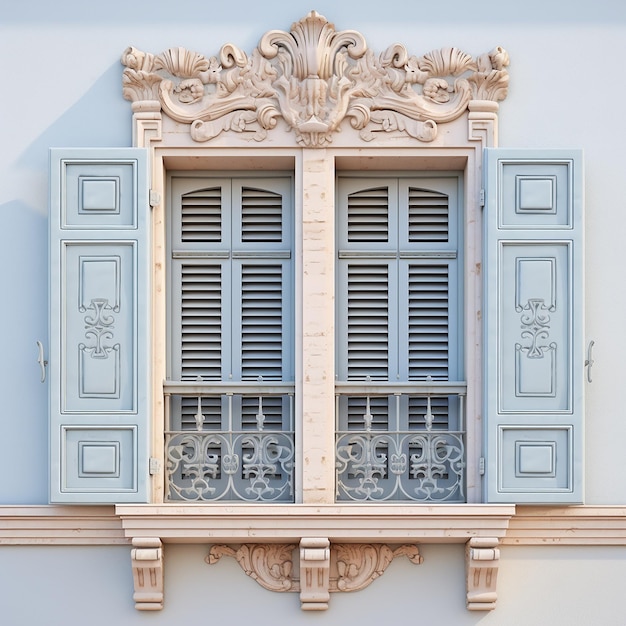 Wooden window shutters on a background of a wall painted in pastel colors Pale blue European style