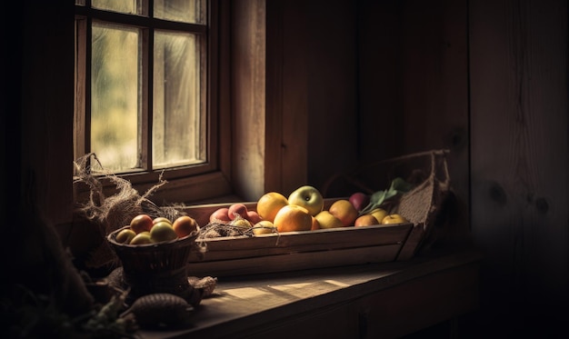 Wooden windowsill in the old house with some fruit on it Crate with oranges apples and plums Generative AI