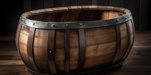 Wooden wine barrel in front of blurred background