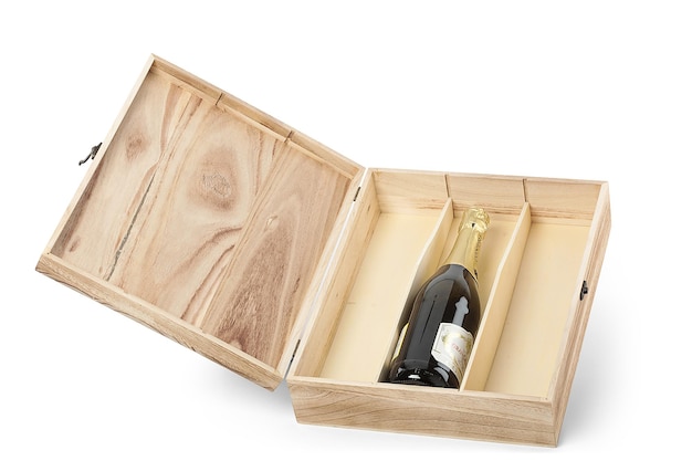 The wooden wine box with wine bottle inside isolated on white background