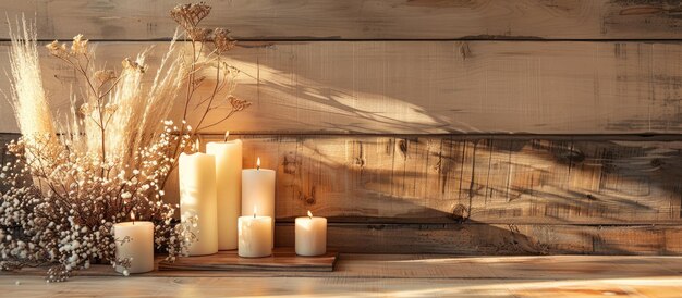 Wooden with candles dry plant and flat backdrop for various design purposes