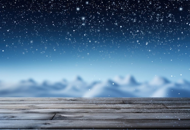 Wooden wood board and snow background