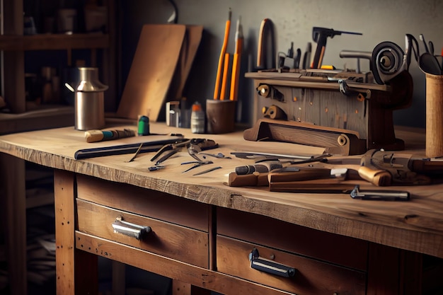 Wooden workbench at workshop Generative Ai