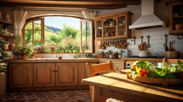 Photo woodenfilled kitchen with country style furniture interior of a modern kitchen made of solid wood