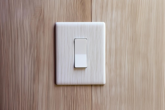 Woodentextured background with a closeup of a white light switch Empty area