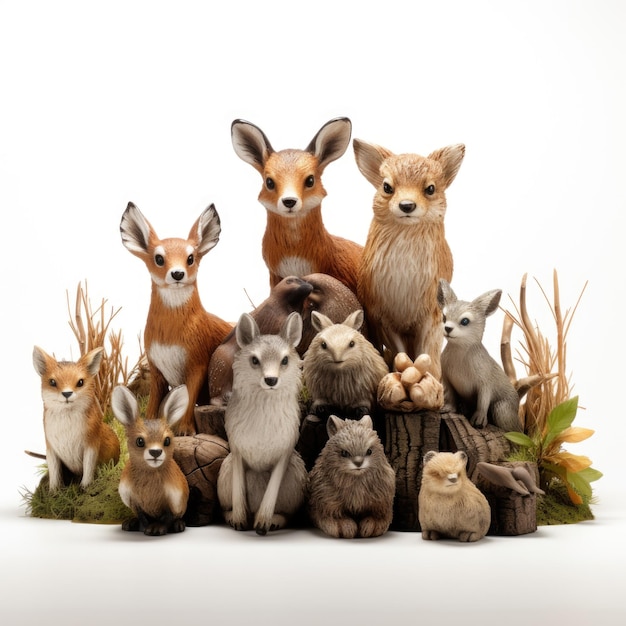 Woodland Animal Sculptures geïsoleerd op een witte achtergrond