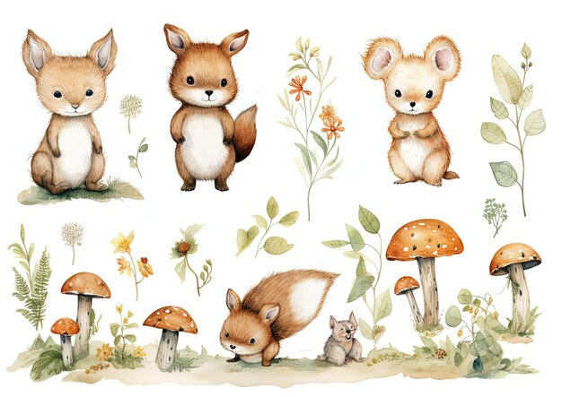 the woodland animals baby illustrations wallpaper in the style of modern ink painting