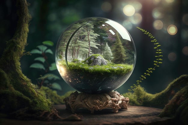 In a woodland a crystal globe is perched on moss