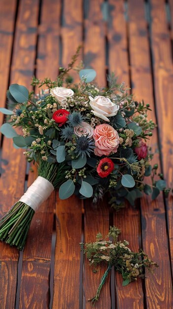 Woodland elegance close up of rustic bouquet on wooden floor Vertical Mobile Wallpaper