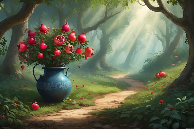 Woodland Glade Pot Pomegranate Digital Painting