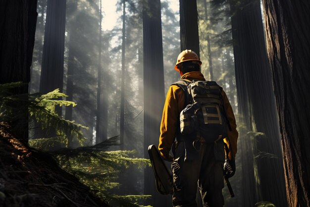 Photo woodland oversight logging worker inspects the forest canopy