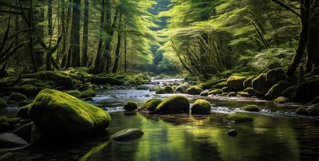 Woodland river with moss covered stones and green trees forest stream with sunlight generative ai