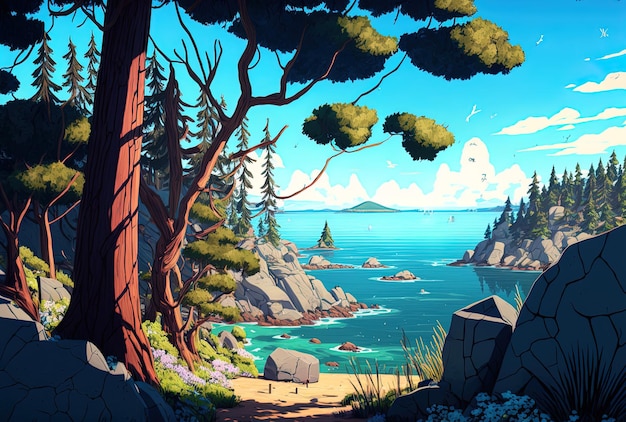 A woodland and a sea view are depicted in a cartoon environment