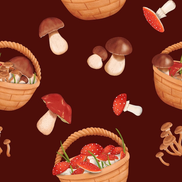 Photo woodland seamless pattern harvest of various mushrooms baskets filled with forest treasures edible