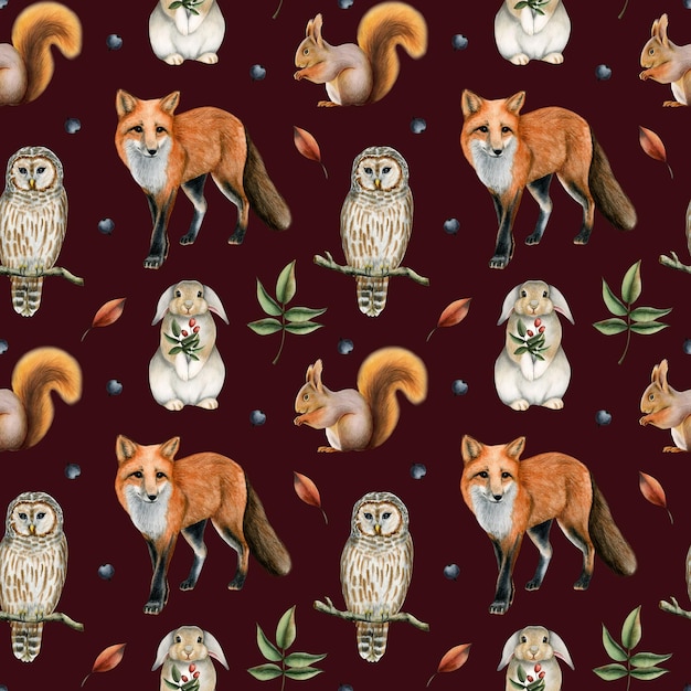 Woodland seamless pattern with watercolor cute forest animals birds and plants on dark brown