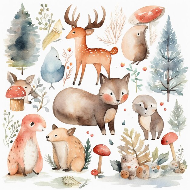 Woodland Whimsy Cute Yuletide Watercolor Doodle