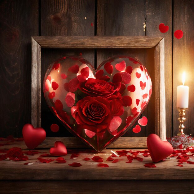 Woodland Whispers feestelijke Valentijnsdag inrichting met harten geschenken en bloemen op een oude tafel