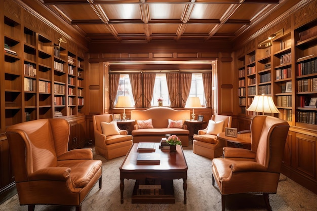 Woodpaneled library filled with books and cozy armchairs created with generative ai