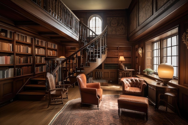 Woodpaneled library with towering bookcases and cozy reading chairs created with generative ai