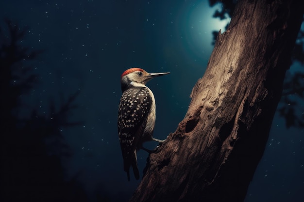 woodpecker drumming on a tree trunk in the calm of a moonlit night