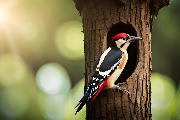 A woodpecker is perched on a birdhouse.