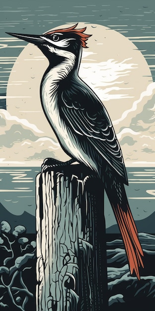 Woodpecker Linocut On Sea Post