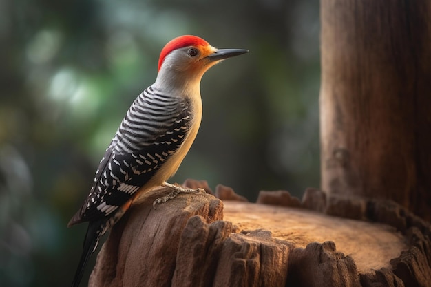 A woodpecker sits on a stump in a forest.