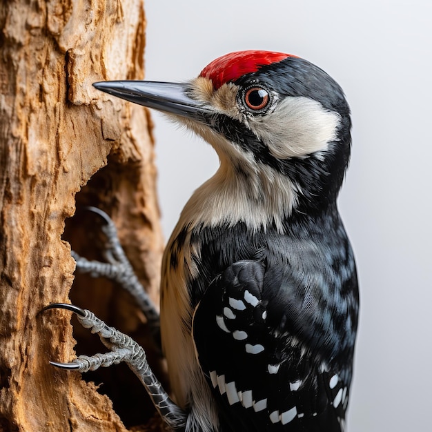 Photo woodpecker staring out of nest against white backdrop copy space colorful generative ai