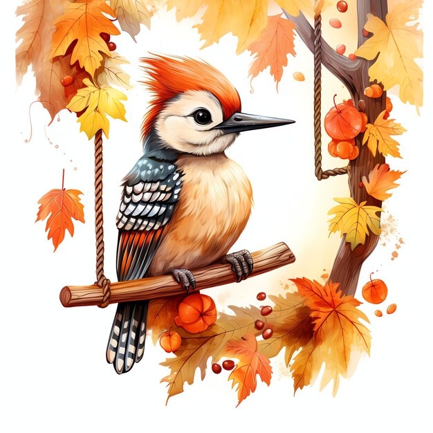 Woodpecker on swing in autumn woodland