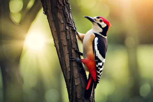 A woodpecker on a tree branch with the sun shining on it.