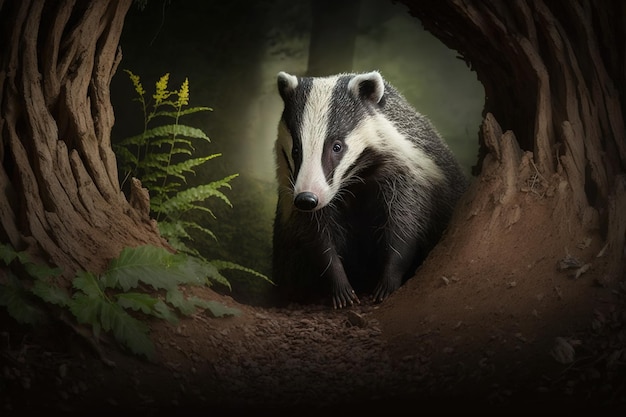 In the woods a badger rests next to its den