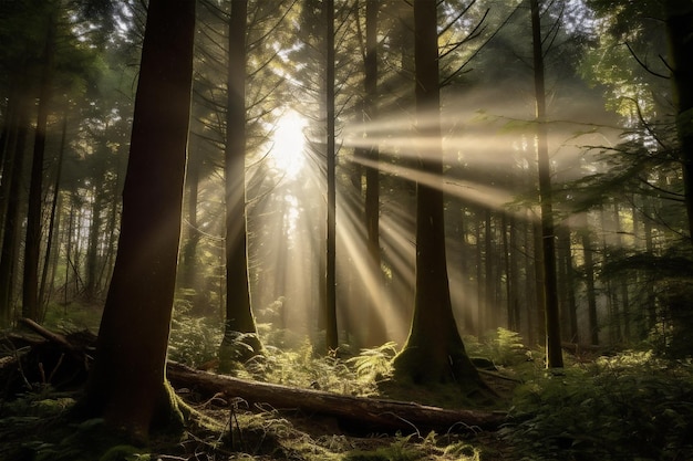 Woods met zonneschijn die door de bomen komt AI gegenereerde inhoud