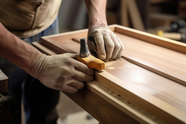 Woodworker sanding and finishing a wooden tray created with generative ai