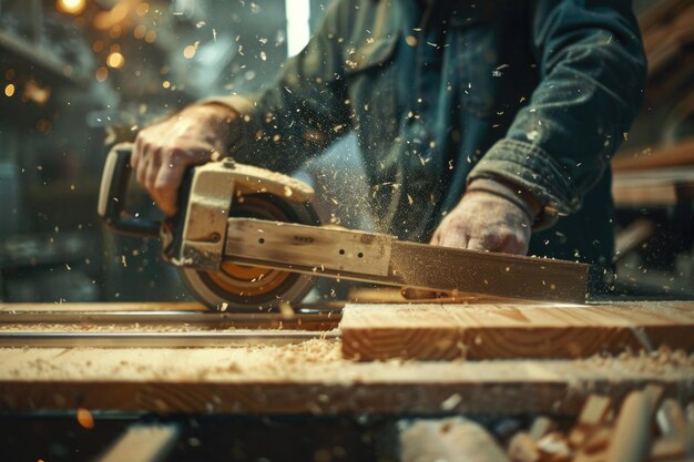 Woodworker using circular saw with guard rail to cut wood