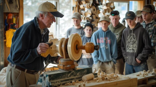 Foto esperto di lavorazione del legno che insegna ai giovani apprendisti