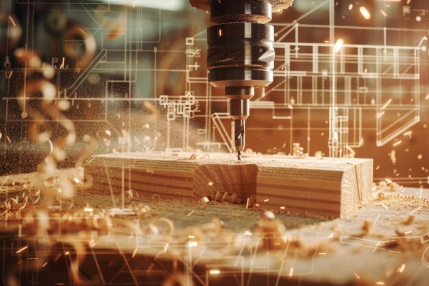 Photo a woodworking machine is cutting into a piece of wood