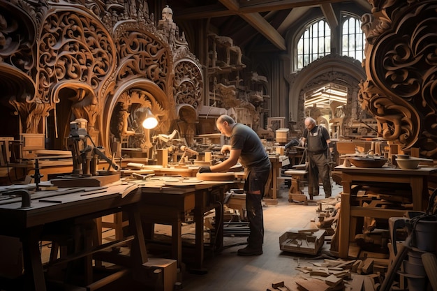 Woodworking Studio with Craftsmen Generative AI