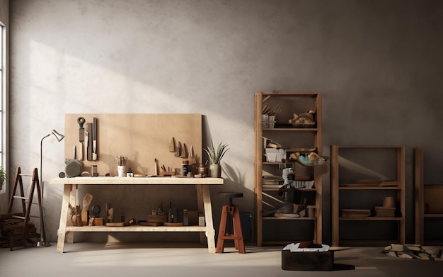 Woodworking Studio A Workbench with Tools and a Window