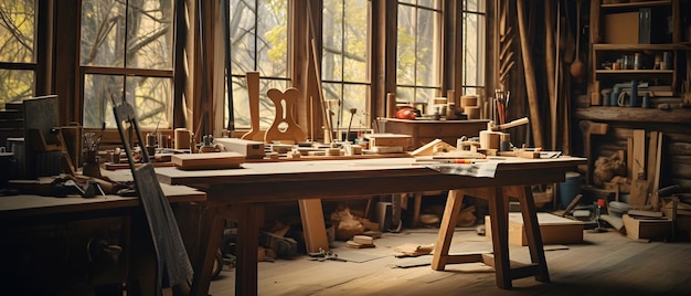 woodworking work desk a rustic room by the window