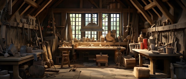 Photo woodworking work desk a rustic room by the window