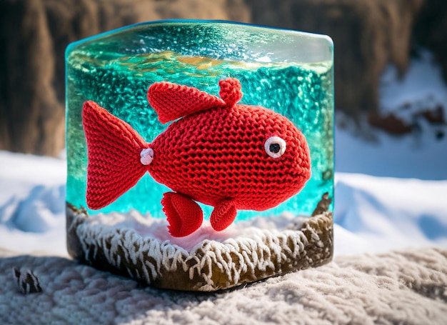 Wool amigurumi red fish in the deep water in glass cube on a mountain