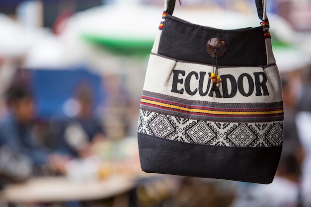 Wool bag hanging at the Andean market of Otavalo Ecuaor