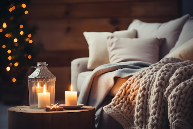 Wool blanket on the sofa of a cozy living room illuminated by aromatic candles Warm atmosphere