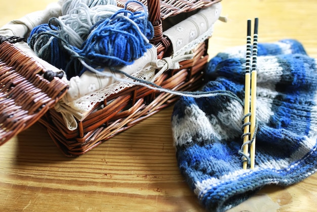 Wool and knitting needles basket