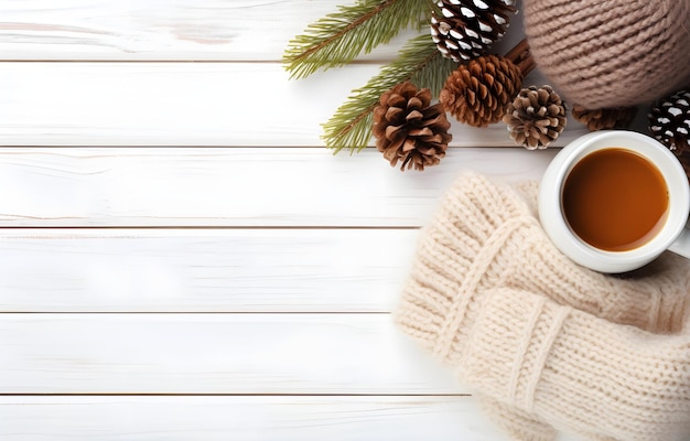 Photo woolen gloves and clothing on white wooden table with christmas decor tree and gifts