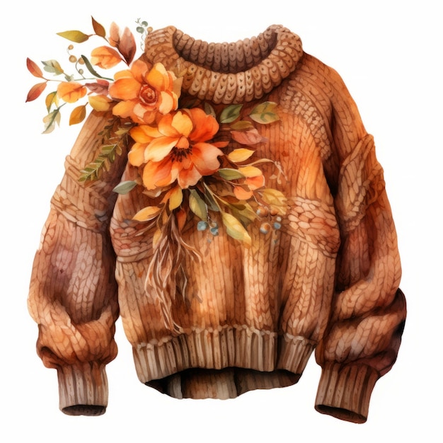 Шерстяной вязаный свитер с осенними цветами на белом фоне