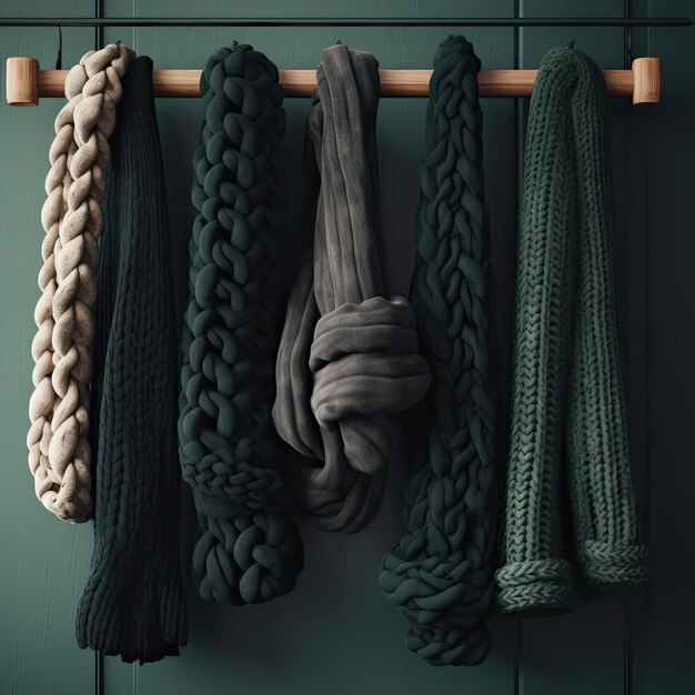 Photo woolen scarves hanging on hangers in wardrobe