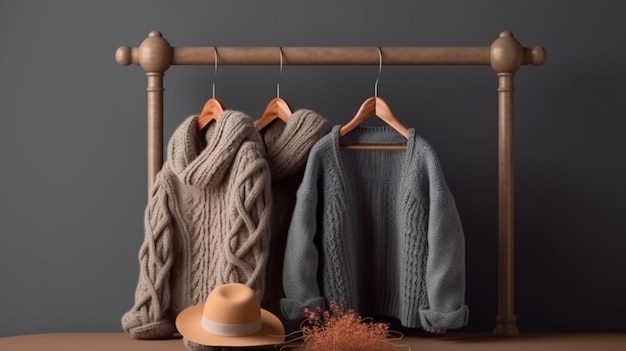 Woolen sweaters and accessories on a wooden shelf closeupgenerative ai