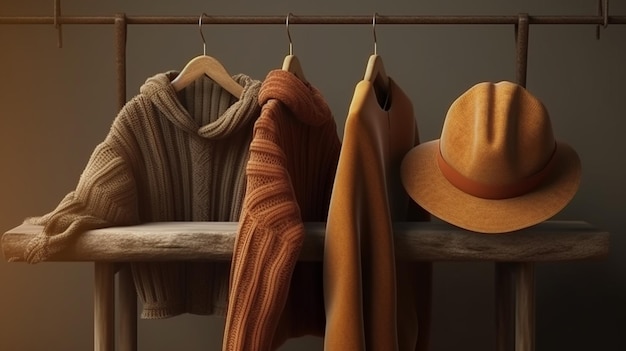 Woolen sweaters and accessories on a wooden shelf closeupgenerative ai