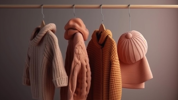 Woolen sweaters and accessories on a wooden shelf closeupgenerative ai